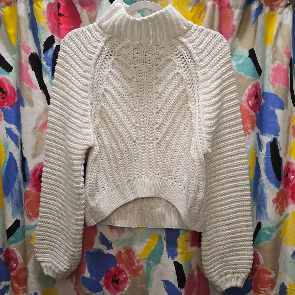 Free People Sweetheart White Cable Knit Mockneck Sweater Cropped Ribbed XS
